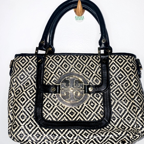 Tory Burch black and white straw raffia purse bag - Picture 1 of 8